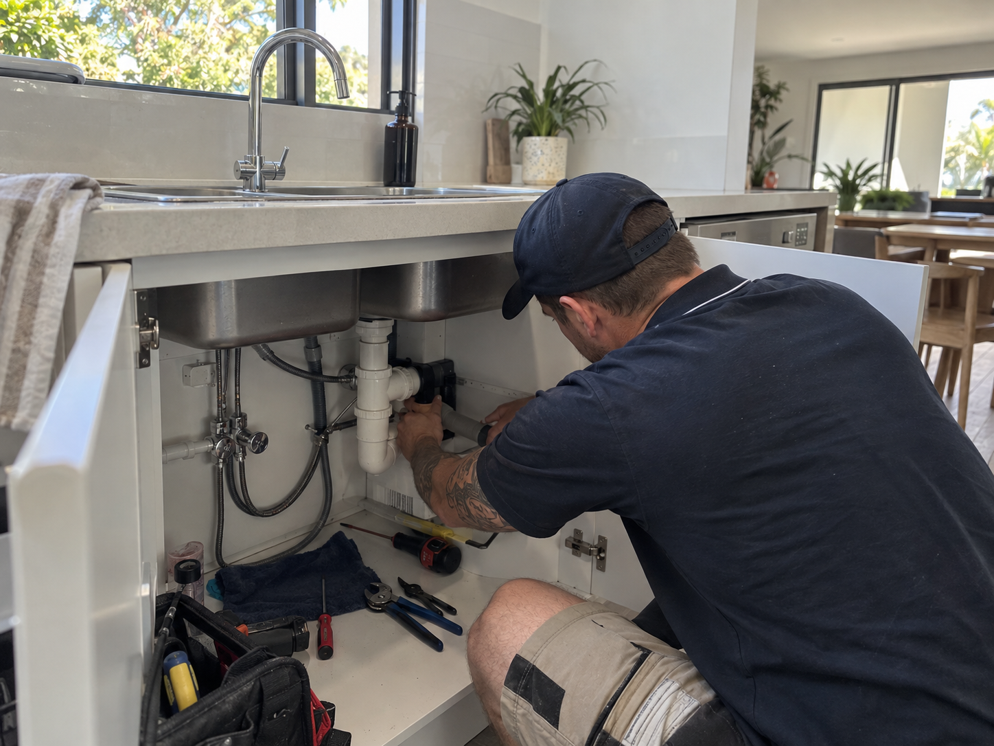 Plumber fixing pipework under a kitchen sink